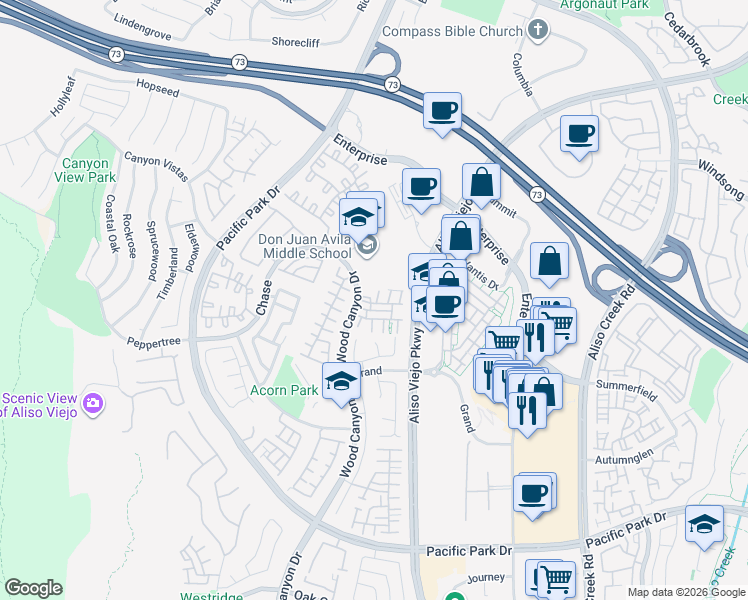map of restaurants, bars, coffee shops, grocery stores, and more near 12 Cupertino Circle in Aliso Viejo
