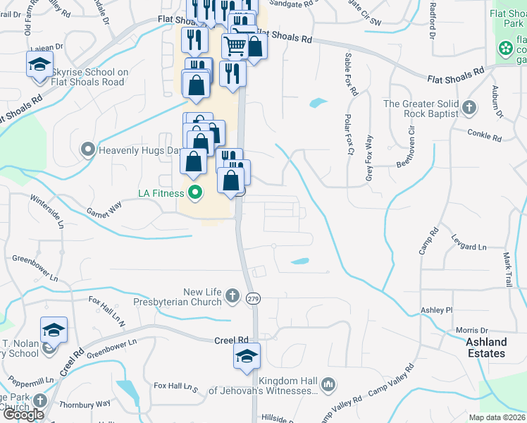 map of restaurants, bars, coffee shops, grocery stores, and more near 2235 Bigwood Trail in Atlanta