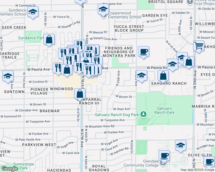 map of restaurants, bars, coffee shops, grocery stores, and more near 6506 West Cheryl Drive in Glendale