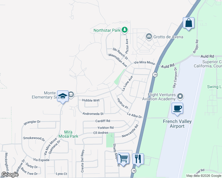 map of restaurants, bars, coffee shops, grocery stores, and more near 29713 Big Dipper Way in Murrieta