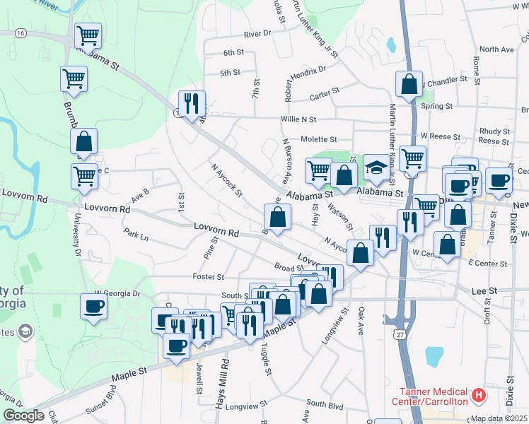 map of restaurants, bars, coffee shops, grocery stores, and more near 602 North Aycock Street in Carrollton