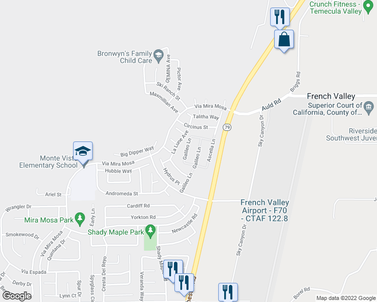 map of restaurants, bars, coffee shops, grocery stores, and more near 37202 Tucana Place in Murrieta