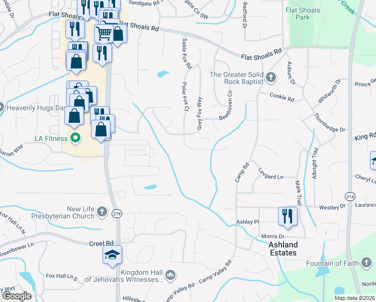 map of restaurants, bars, coffee shops, grocery stores, and more near 6377 Polar Fox Court in Riverdale