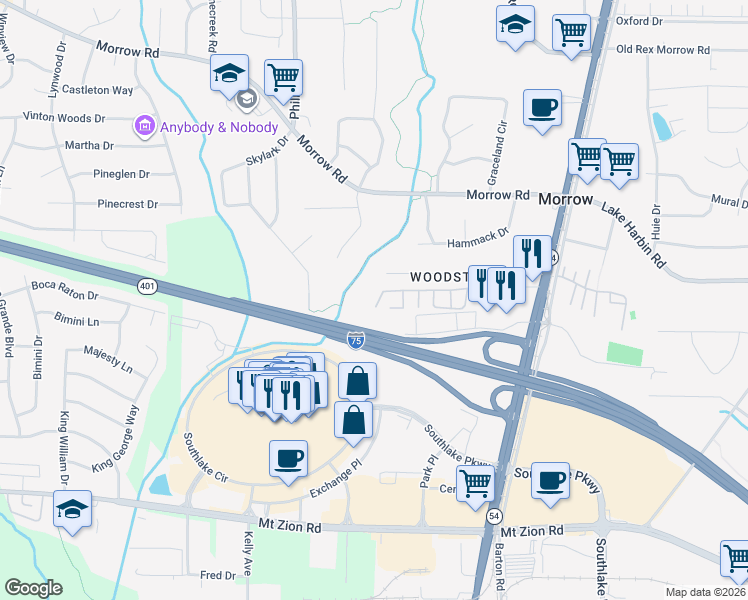 map of restaurants, bars, coffee shops, grocery stores, and more near 1368 Southlake Plaza Drive in Morrow