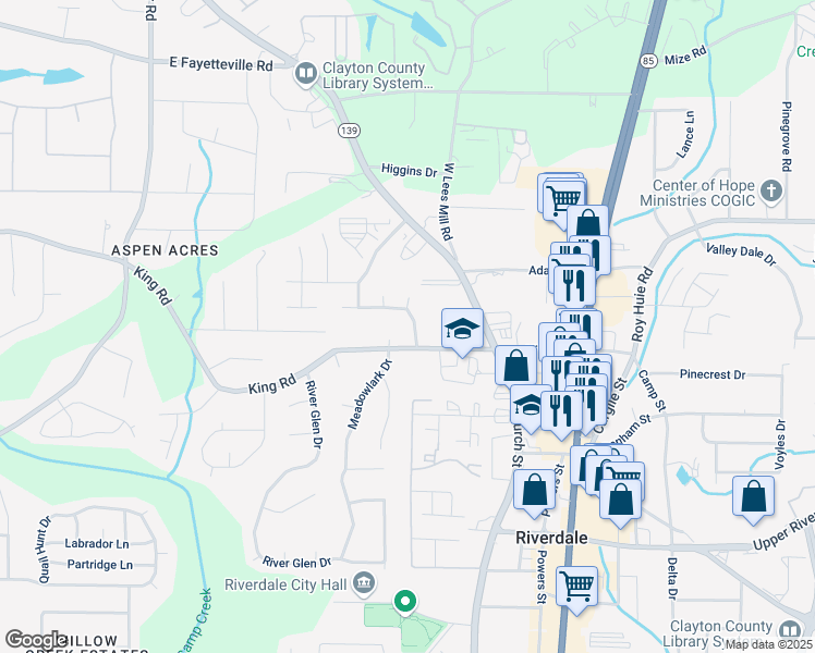 map of restaurants, bars, coffee shops, grocery stores, and more near 888 Fox Chase Lane in Riverdale