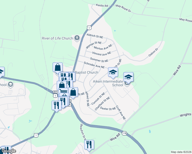 map of restaurants, bars, coffee shops, grocery stores, and more near 1176 Aldrich Street Northeast in Aiken