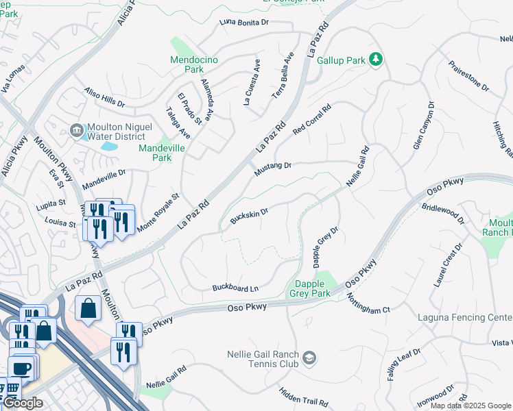 map of restaurants, bars, coffee shops, grocery stores, and more near 25057 Buckskin Drive in Laguna Hills