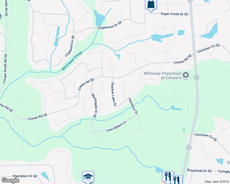 map of restaurants, bars, coffee shops, grocery stores, and more near 111 Shadow Lake Drive in Conyers