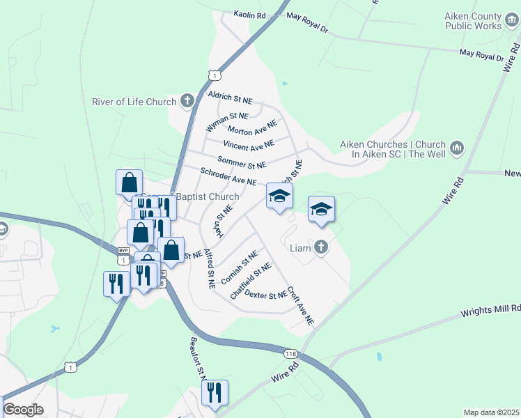 map of restaurants, bars, coffee shops, grocery stores, and more near 1142 Croft Avenue Northeast in Aiken