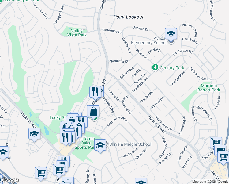 map of restaurants, bars, coffee shops, grocery stores, and more near 24330 Gitano Drive in Murrieta