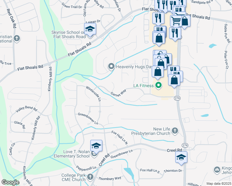 map of restaurants, bars, coffee shops, grocery stores, and more near 3020 Garnet Way in College Park