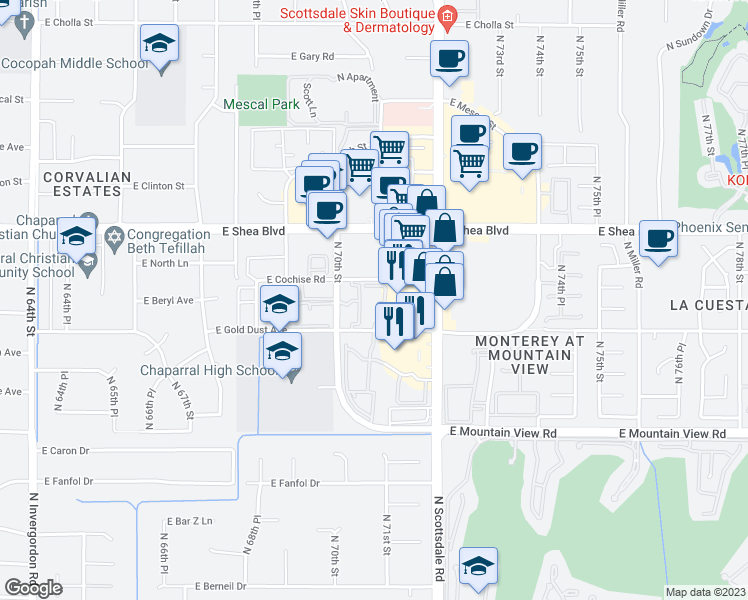 map of restaurants, bars, coffee shops, grocery stores, and more near 7008 East Gold Dust Avenue in Scottsdale