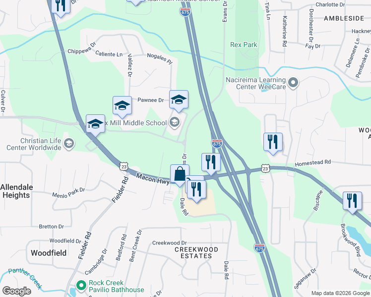 map of restaurants, bars, coffee shops, grocery stores, and more near 6416 Evans Drive in Rex