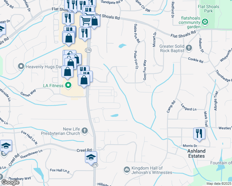 map of restaurants, bars, coffee shops, grocery stores, and more near 6410 Olmadison Place in Atlanta