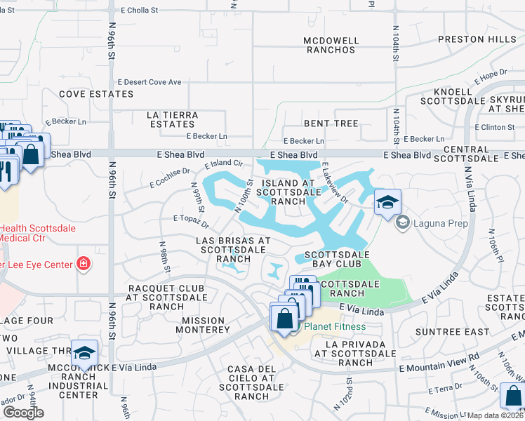 map of restaurants, bars, coffee shops, grocery stores, and more near 10401 North 100th Street in Scottsdale