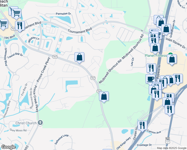 map of restaurants, bars, coffee shops, grocery stores, and more near 12287 South Carolina 707 in Murrells Inlet