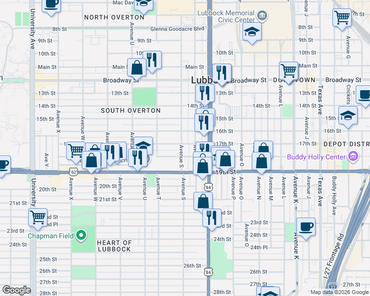 map of restaurants, bars, coffee shops, grocery stores, and more near 1809 Avenue S in Lubbock