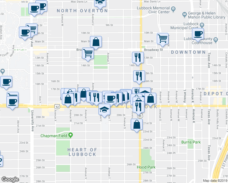 map of restaurants, bars, coffee shops, grocery stores, and more near 1916 18th Street in Lubbock
