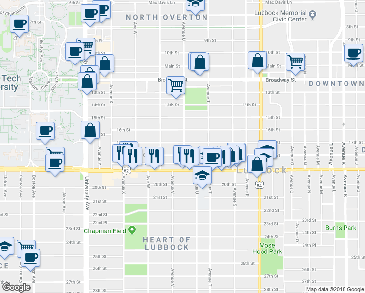 map of restaurants, bars, coffee shops, grocery stores, and more near 2104 18th Street in Lubbock