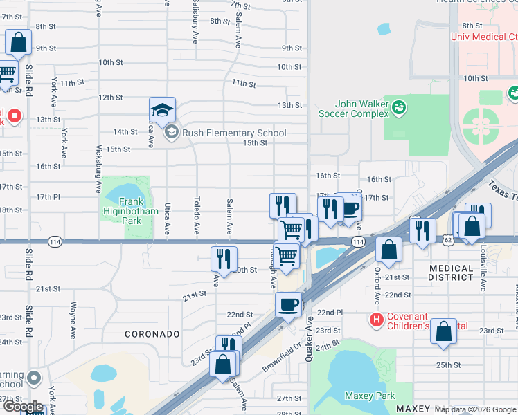map of restaurants, bars, coffee shops, grocery stores, and more near 4505 18th Street in Lubbock