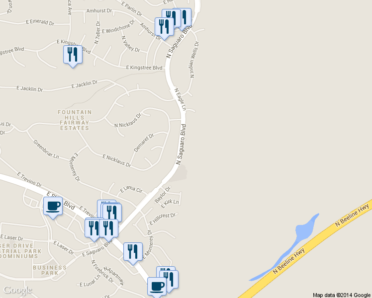 map of restaurants, bars, coffee shops, grocery stores, and more near 10401 North Saguaro Boulevard in Fountain Hills
