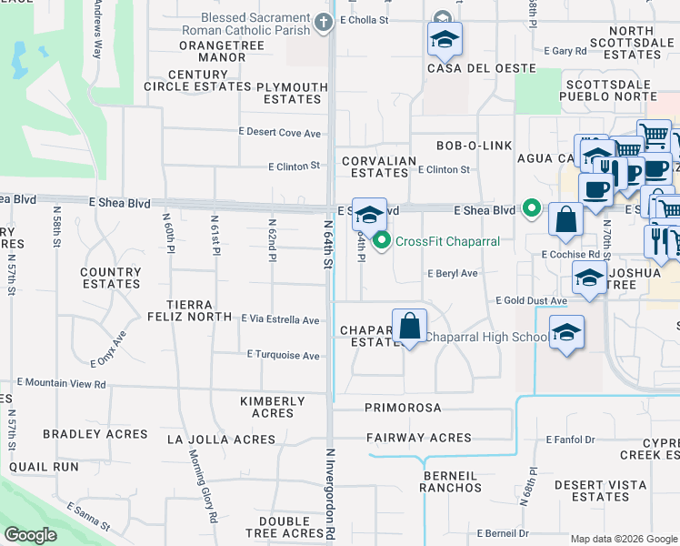 map of restaurants, bars, coffee shops, grocery stores, and more near 6345 East Gold Dust Avenue in Paradise Valley