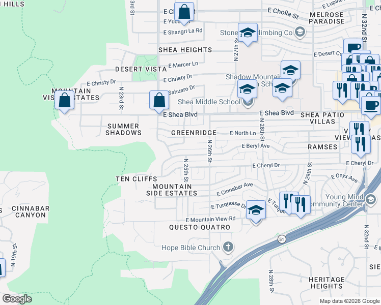 map of restaurants, bars, coffee shops, grocery stores, and more near 2523 East Beryl Avenue in Phoenix