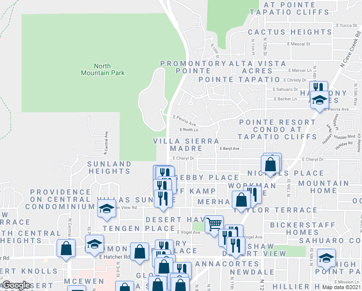 map of restaurants, bars, coffee shops, grocery stores, and more near 10203 North 7th Place in Phoenix