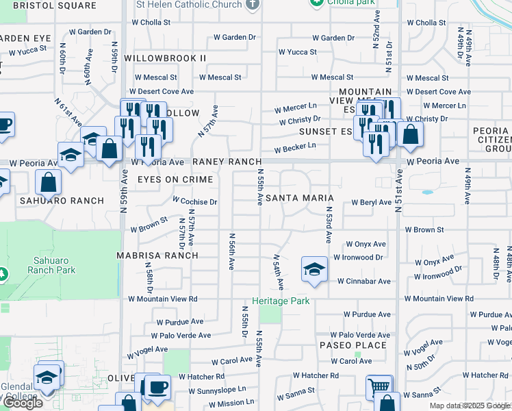 map of restaurants, bars, coffee shops, grocery stores, and more near 10220 North 54th Lane in Glendale