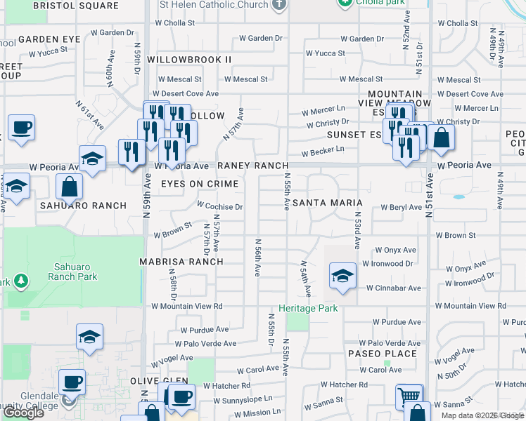 map of restaurants, bars, coffee shops, grocery stores, and more near 5533 West Cheryl Drive in Glendale