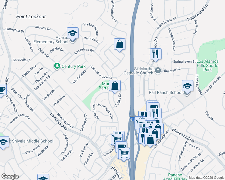 map of restaurants, bars, coffee shops, grocery stores, and more near 39495 7 Oaks Drive in Murrieta