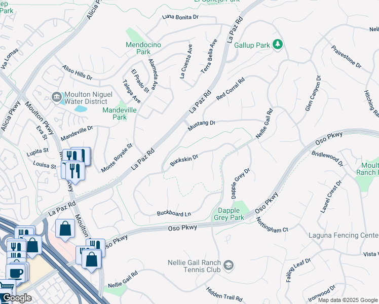 map of restaurants, bars, coffee shops, grocery stores, and more near 25057 Buckskin Drive in Laguna Hills
