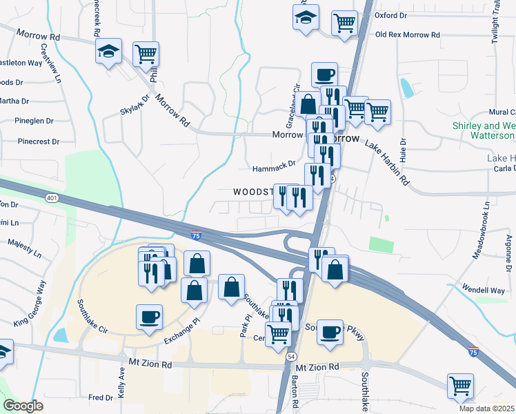map of restaurants, bars, coffee shops, grocery stores, and more near 6429 Woodstone Way in Morrow