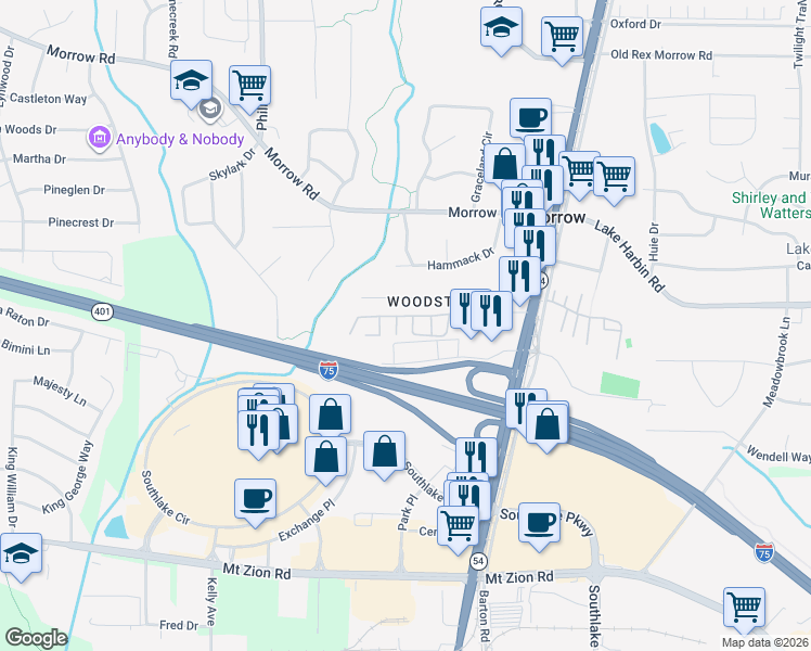 map of restaurants, bars, coffee shops, grocery stores, and more near Woodstone Terrace in Morrow