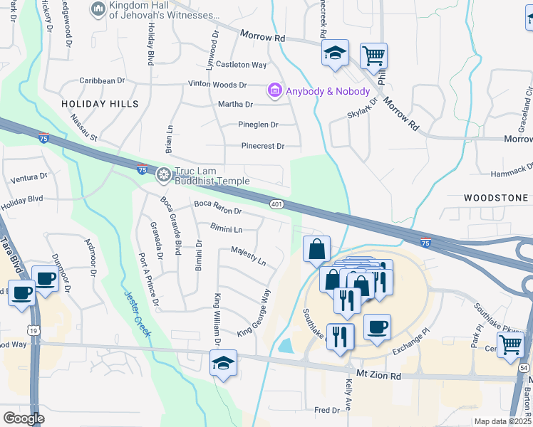 map of restaurants, bars, coffee shops, grocery stores, and more near 976 Bimini Lane in Forest Park