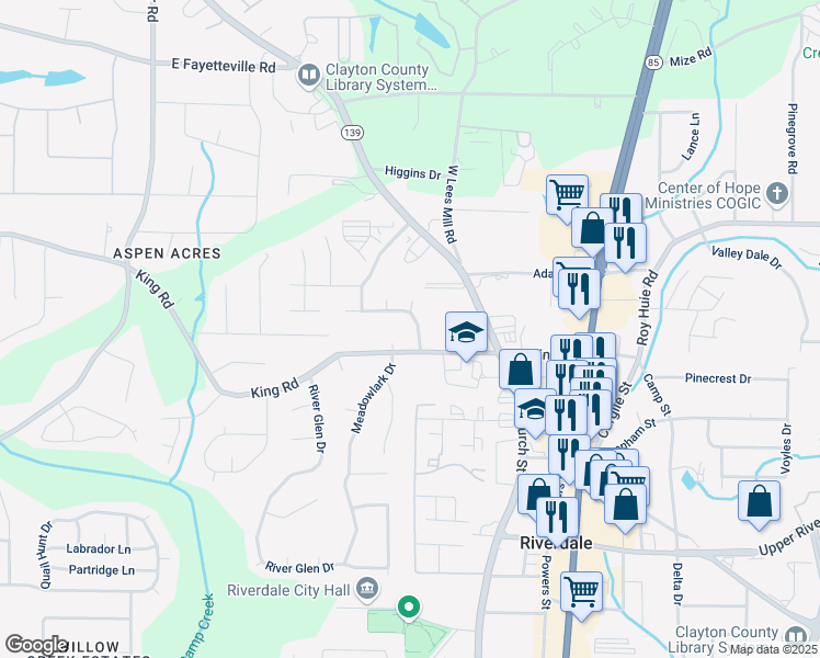 map of restaurants, bars, coffee shops, grocery stores, and more near 888 Fox Chase Lane in Riverdale