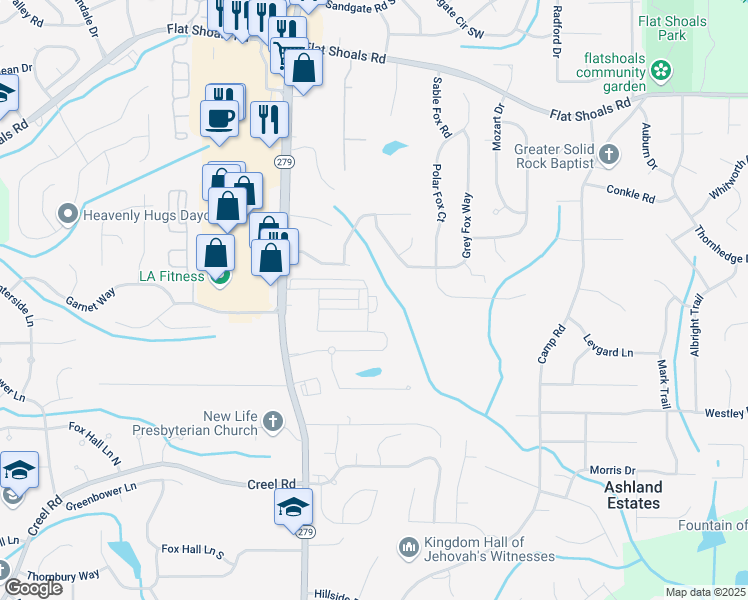 map of restaurants, bars, coffee shops, grocery stores, and more near 6410 Olmadison Place in Atlanta