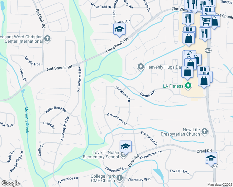 map of restaurants, bars, coffee shops, grocery stores, and more near 140 Peridot Place in College Park