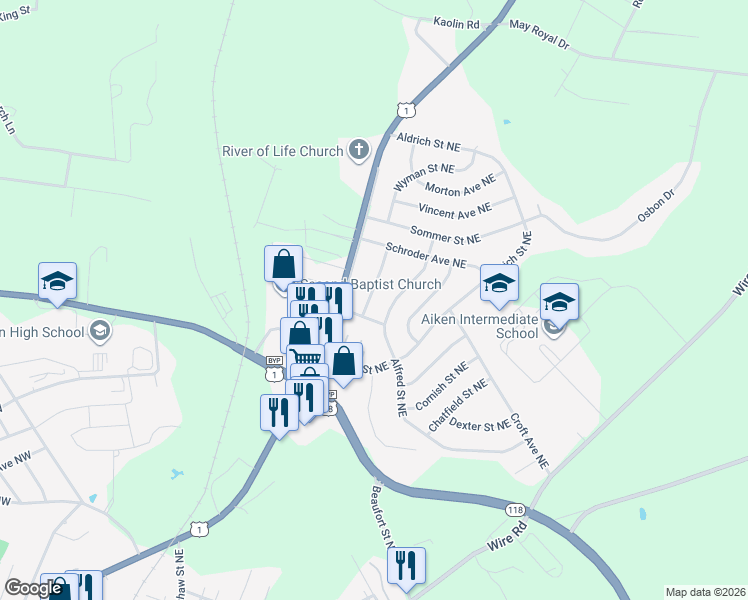 map of restaurants, bars, coffee shops, grocery stores, and more near 1224 George Street Northeast in Aiken