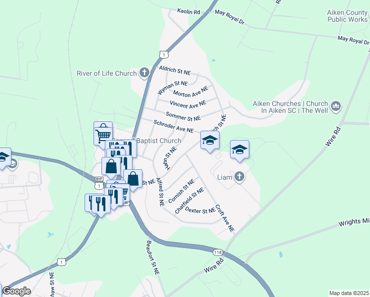 map of restaurants, bars, coffee shops, grocery stores, and more near 1200 Aldrich Street Northeast in Aiken
