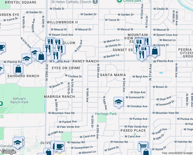 map of restaurants, bars, coffee shops, grocery stores, and more near 10220 North 54th Lane in Glendale