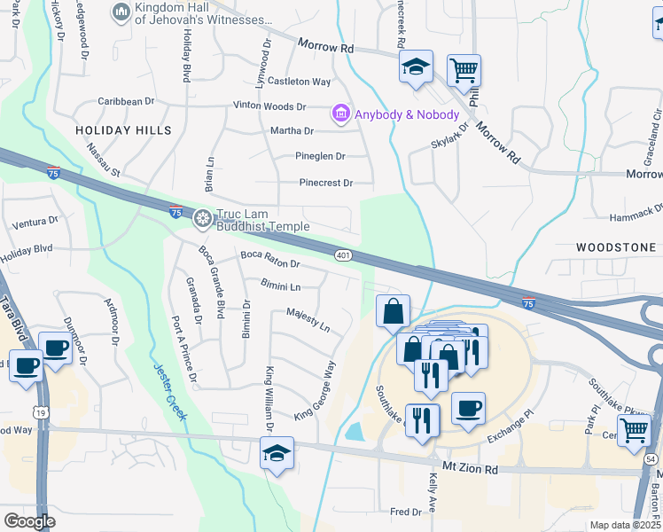 map of restaurants, bars, coffee shops, grocery stores, and more near 976 Bimini Lane in Forest Park