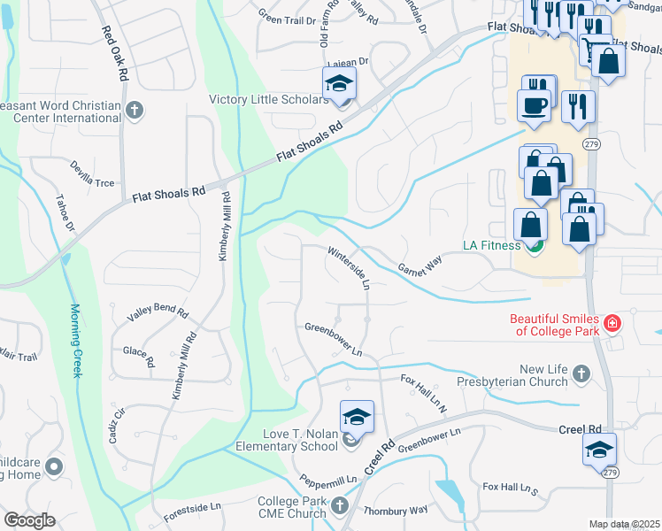 map of restaurants, bars, coffee shops, grocery stores, and more near 140 Peridot Place in College Park