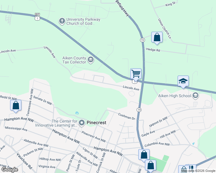 map of restaurants, bars, coffee shops, grocery stores, and more near 651 Lincoln Avenue in Aiken