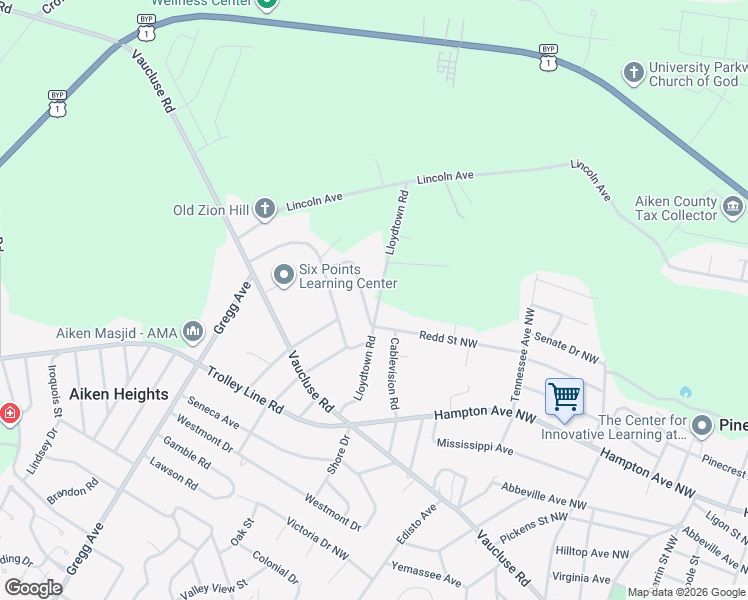 map of restaurants, bars, coffee shops, grocery stores, and more near 1550 Redd Street Northwest in Aiken