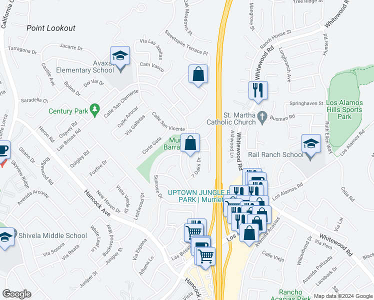 map of restaurants, bars, coffee shops, grocery stores, and more near 39485 Country Mill Road in Murrieta