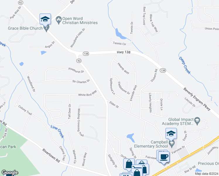 map of restaurants, bars, coffee shops, grocery stores, and more near 225 Splitwood Lane in Fairburn