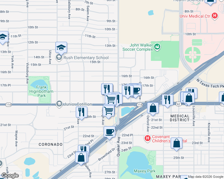 map of restaurants, bars, coffee shops, grocery stores, and more near 4406 18th Street in Lubbock