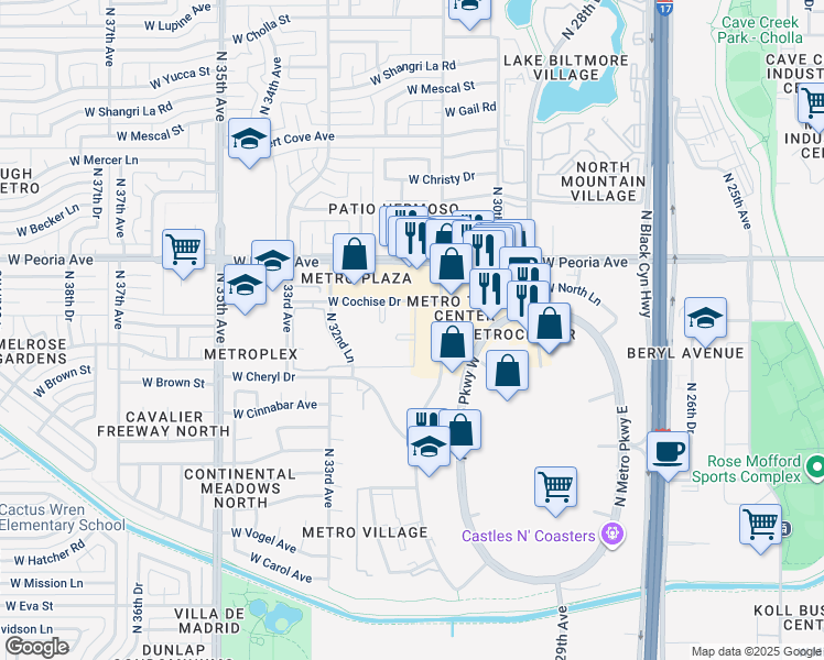 map of restaurants, bars, coffee shops, grocery stores, and more near 3131 West Cochise Drive in Phoenix