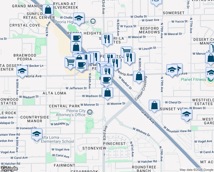 map of restaurants, bars, coffee shops, grocery stores, and more near 8295 West Jefferson Street in Peoria